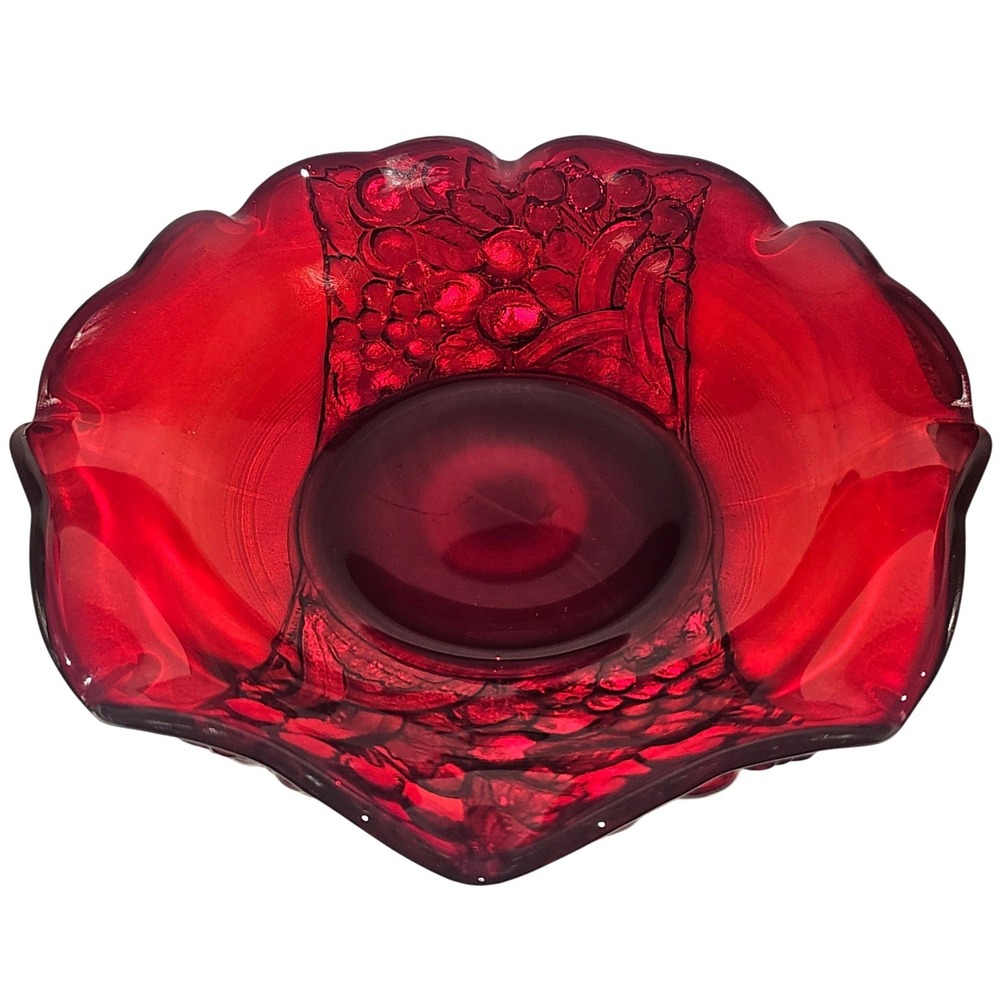 VTG Indiana‎ Glass Deep Ruby Red Glass Ruffled Collar Fruit Bowl Cadmium Glow